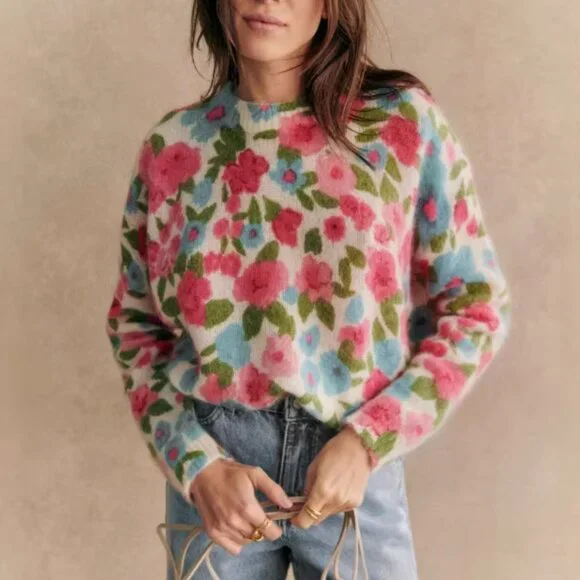 Sezane Janelia Jumper Sweater - Pink Flowers/ Turquoise Kid Mohair Knit French - Picture 2 of 11